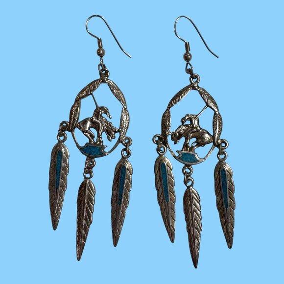 Signed Walldeck Jewelry Silver Tone Turquoise End Of The Trail Pierced Earrings - Picture 1 of 9